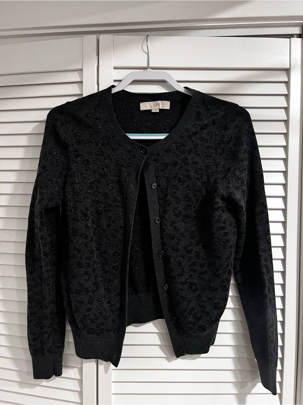 LOFT Black Sparkle Leopard-Print Button Cardigan